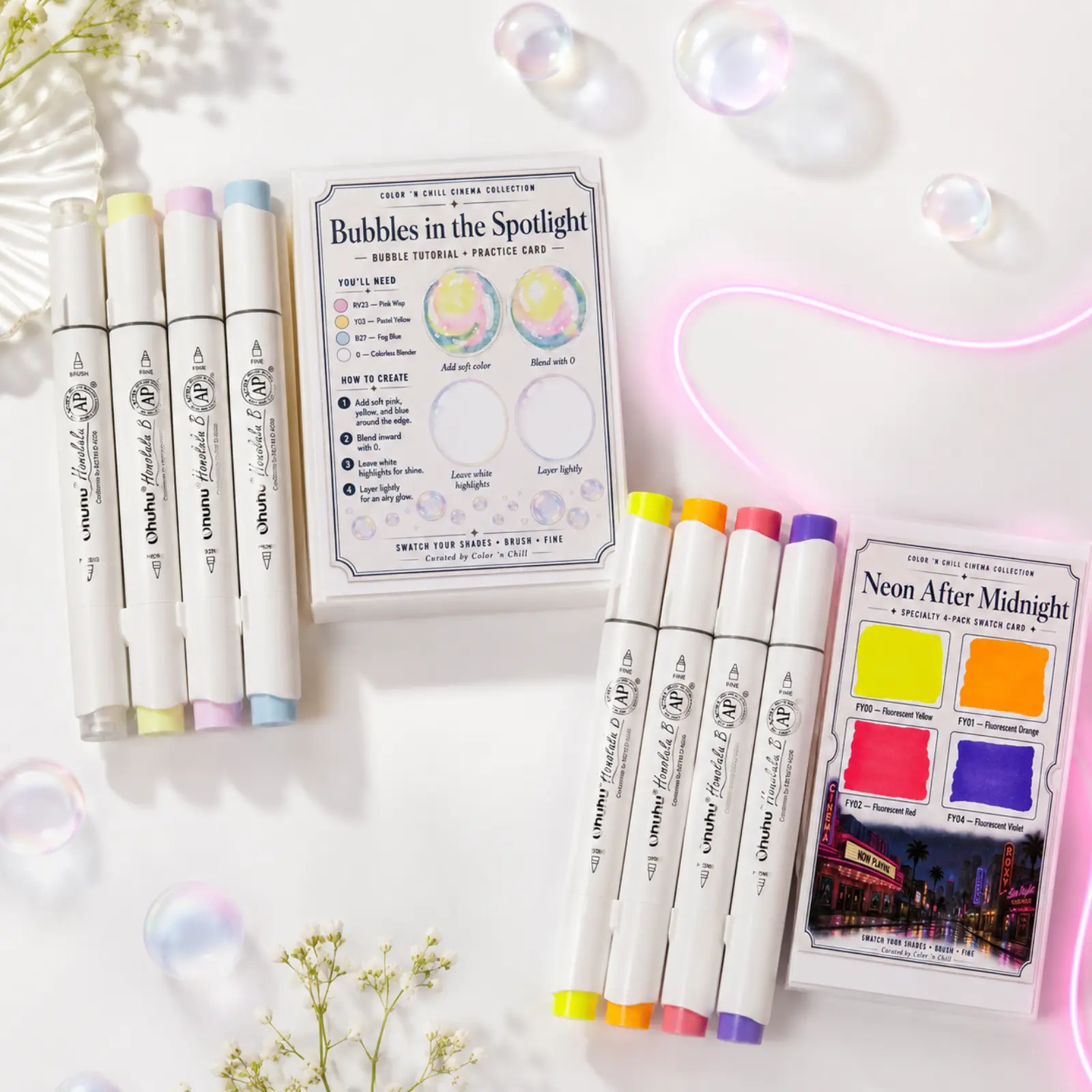 Ohuhu Color ’n Chill Cinema Collection Specialty 4-Marker Kits - Alcohol Markers, Neon Signs, Iridescent Finish, Colorless Blender, Shine Effect Art Supplies, Themed Markers, Color Marker Set
