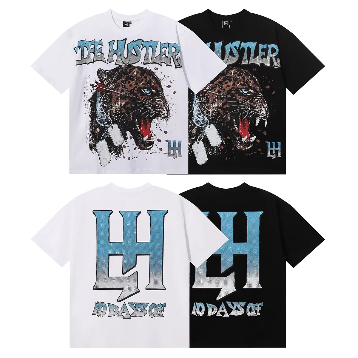 Life Hustlers Blue Eye Leopard Graphic T-Shirt, Roaring Leopard with Arrow and Dog Tag Artwork, Crystal Gothic Lettering and LH No Days Off Back Print, Black White Y2K Hip Hop Streetwear Fashion Accessories