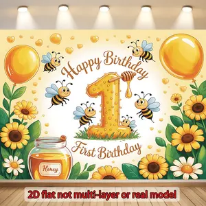 2D flat, 1st birthday bee-themed party banner, featuring a honeycomb number 1, bee and balloon design, wall decoration, photo background, honey silhouette, easy-to-hang polyester Birthday Party Decorations, First birthday