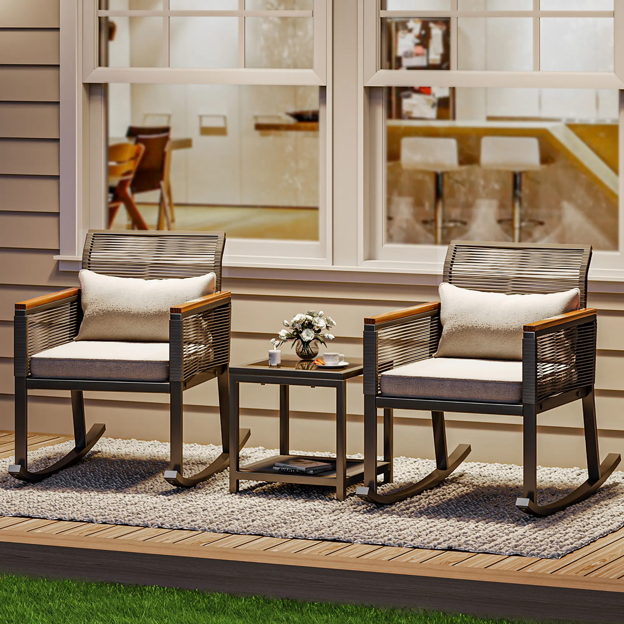 Yitahome 3-Piece Patio Wicker Rocking Chair Outdoor Conversation Bistro Set with Wood Armrest and Soft Cushions for Balcony, Lawn and Porch Poolside (