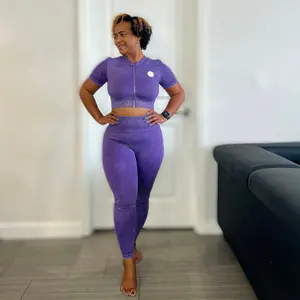 Purple Acid Washed Ribbed Zipped Crop Top And Scrunch Butt Leggings