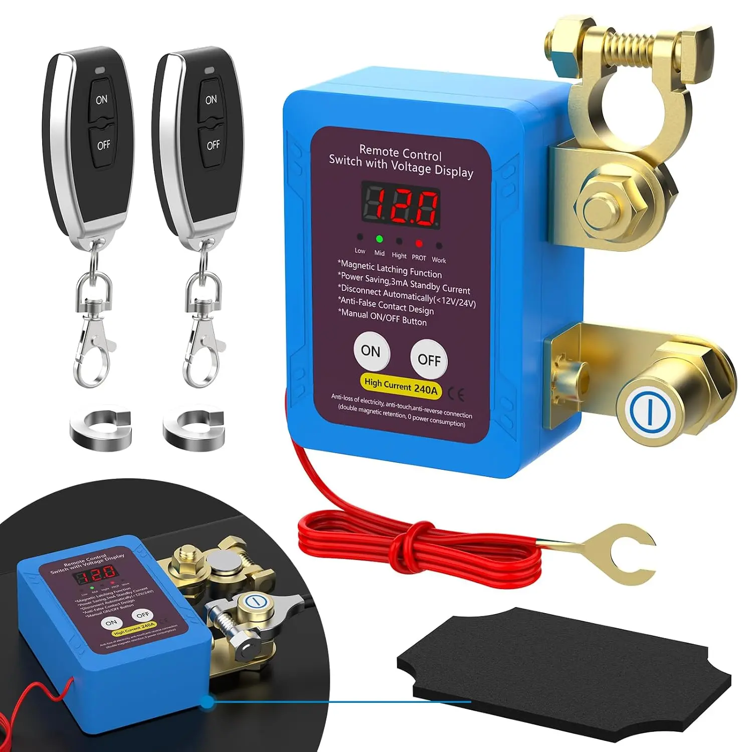 Malictele 12V 240A Remote Car Kill Switch with LED Voltage Display, Car Battery Protection Anti-Theft Automatic Disconnect Switch for Auto, Marine Vehicles