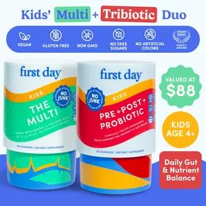 KID'S DUO & SAVE (2-PK) - FIRST DAY Kids Multivitamin + 3-in-1 Tribiotic Gummies Daily Healthy Duo – Prebiotic + Probiotic + Postbiotic for Immune, Brain, & Gut Support – Strawberry & Orange Flavor – Vegan, Non-GMO, Clean Ingredients - 30-Day Supply