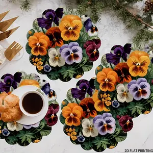 2D flat printing, 2-piece/4-piece set, wildflower circular placemat, Floral pattern placemat, decorated with orange pansy and purple flowers, durable home or coffee table layout, coffee table decoration, dining table matching