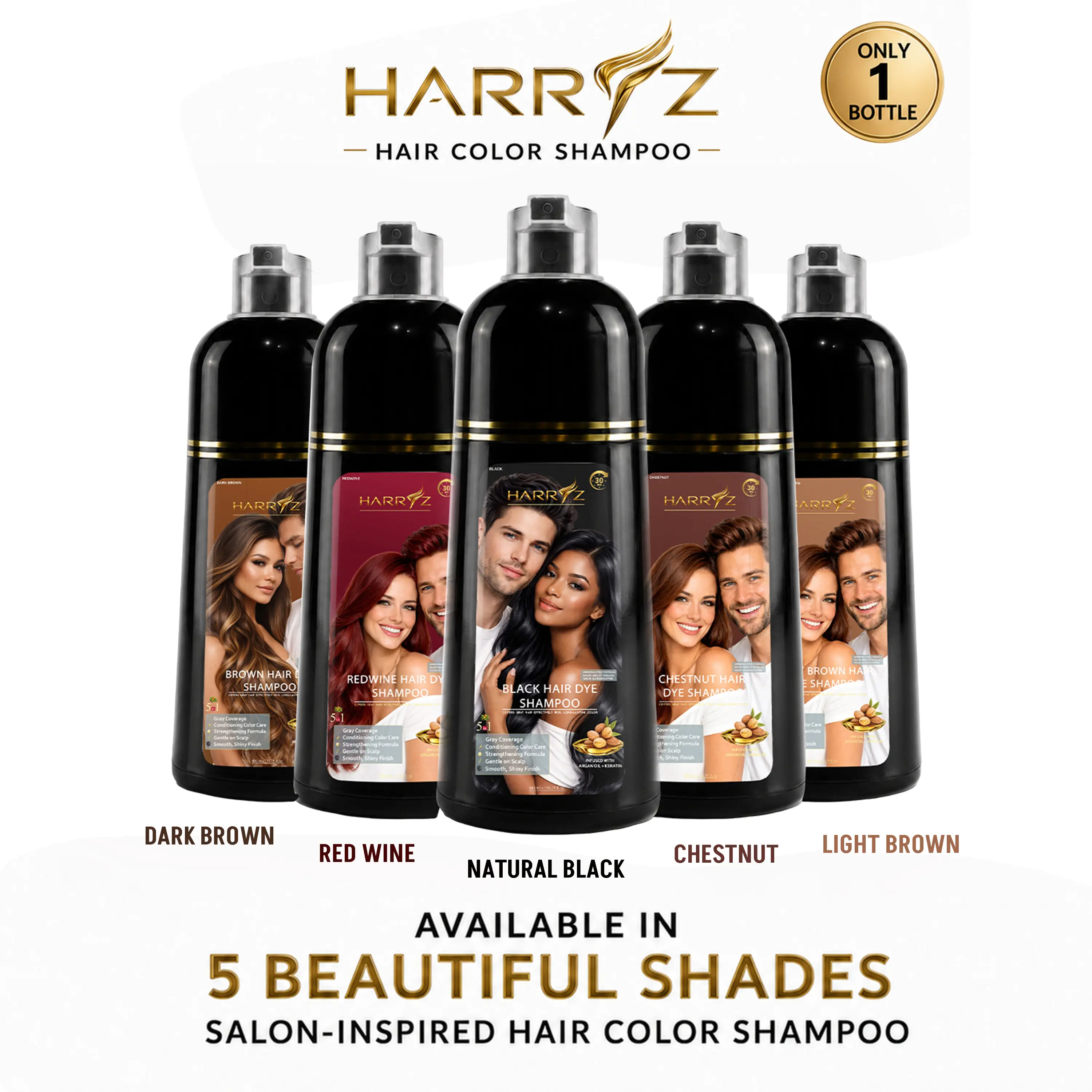 Harryz Professional 5 in 1 Instant Hair Dye Shampoo, Hair Color for Gray Coverage, Argan Oil & Keratin Formula, Long Lasting Hair Color, Easy to Use for Men & Women sohochic