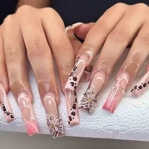 Handmade Pink Leopard Press On Nails | 3D Bow, Pearl & Animal Print Design | Long Square Nails for Baddie Look, Girls Night or Fashion Gift