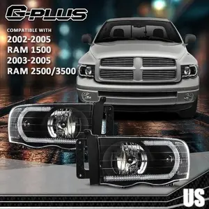 Fit For 2002-2005 Dodge Ram 1500 2500 3500 Clear/Chrome LED Tube DRL Headlights G-PLUS