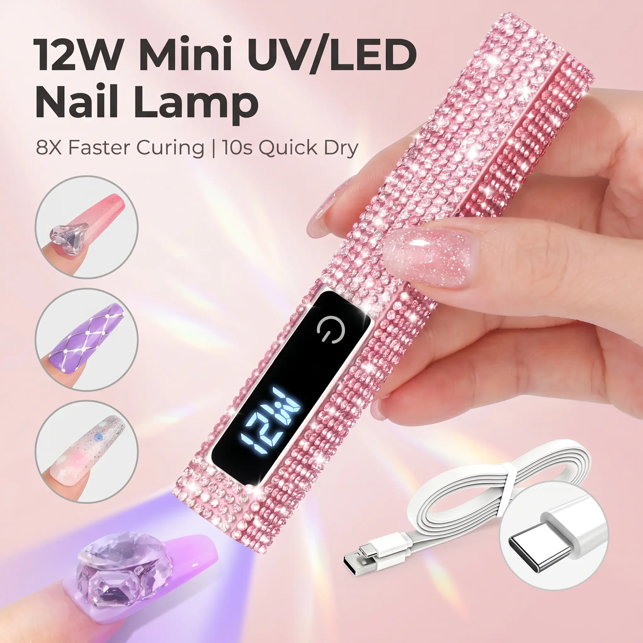 SAVILAND Portable Glitter UV Nail Lamp: 12W Pink Handheld LED/UV Light with LCD Display, Cordless Mini Nail Dryer for Fast Gel Polish Curing & Home/Salon Use summervibes