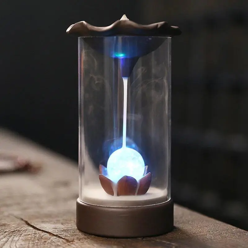 1pc LED Backflow Incense Burner Simulated Flame Diffuser Plastic Cover Indoor Windproof Personality Home Decor Office Teahouse Ornament (Without Incense)