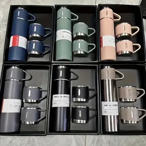 [Portable Gift Set] 4pcs Stainless Steel Water Bottle & Cups Gift Set - 500ML Large with 3 Small Cups +1 Water Bottle, Triple Lids for Hot/Cold Drinks, Portable for Business, School, Office, Camping, Travel - 304 Steel, Hand