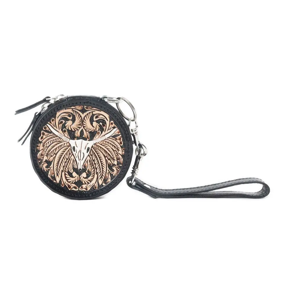 Women's Wristlet - Rustler's Relic Handtooled Leather Coin Pouch in Amber Tan, Ideal for Trail Rides, Market Days, Western Enthusiasts, Boasts Handcrafted Beauty
