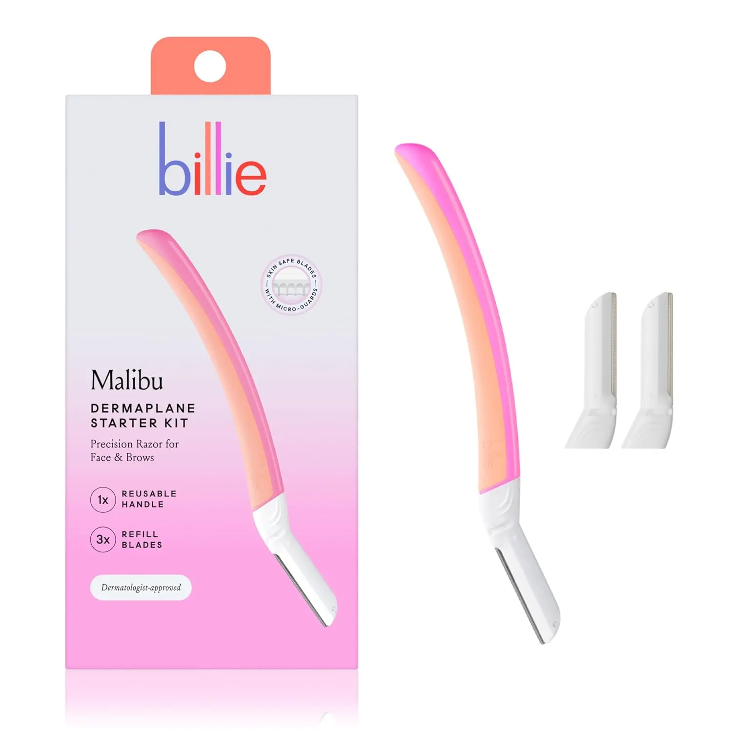 Billie - Dermaplane Starter Kit - Reusable Handle + 3 Refill Blades - Remove Facial Hair + Perfectly Shape Brows - Dermatologist-Approved - Malibu Edgewell Personal Care