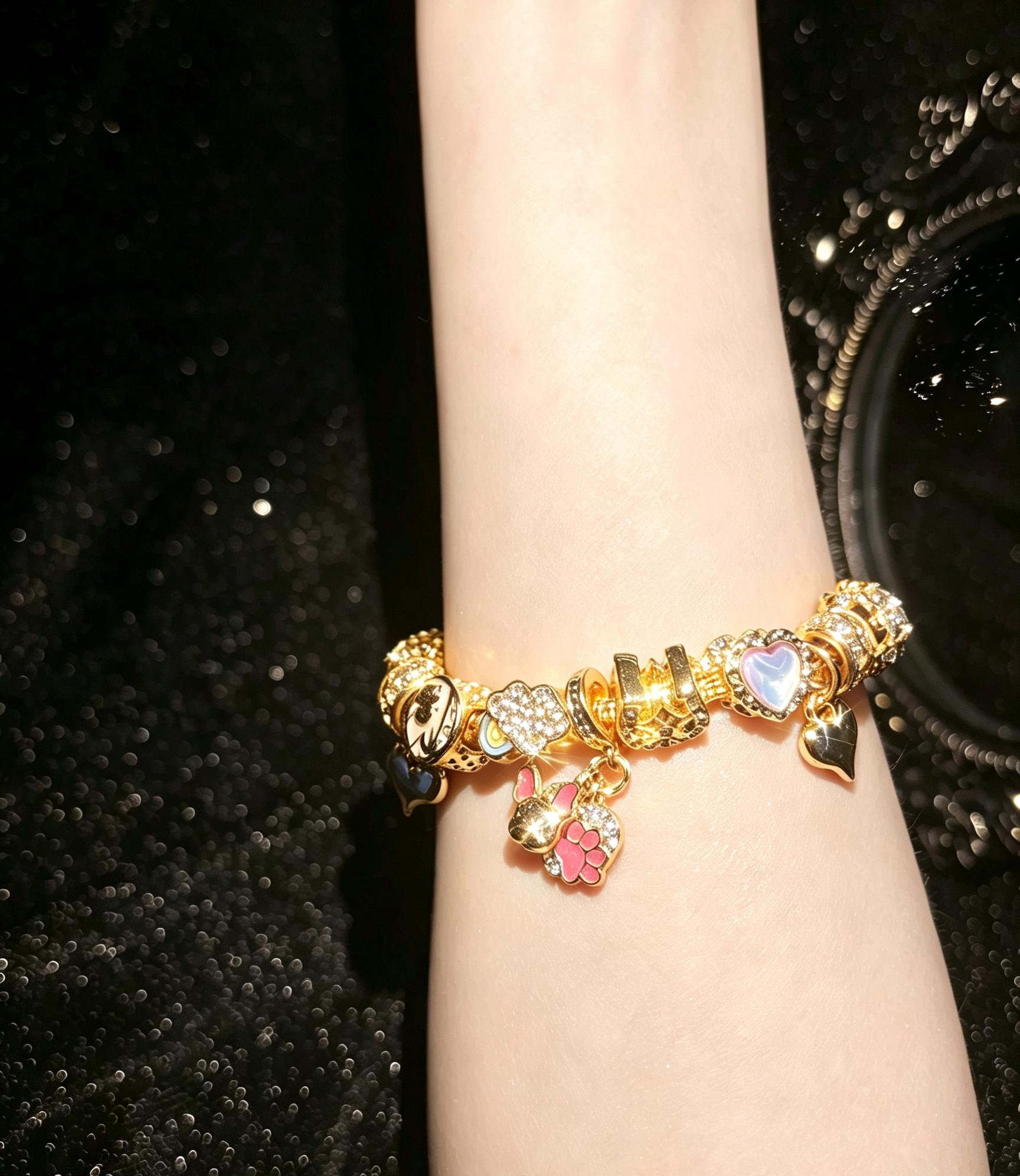 Women's Gold-Tone Snake Bone Charm Bracelet with Cute Pet Paw Heart Dangle Charms and Sparkling Crystal Beads - Fashion Costume Jewelry Gift for Teen Girls
