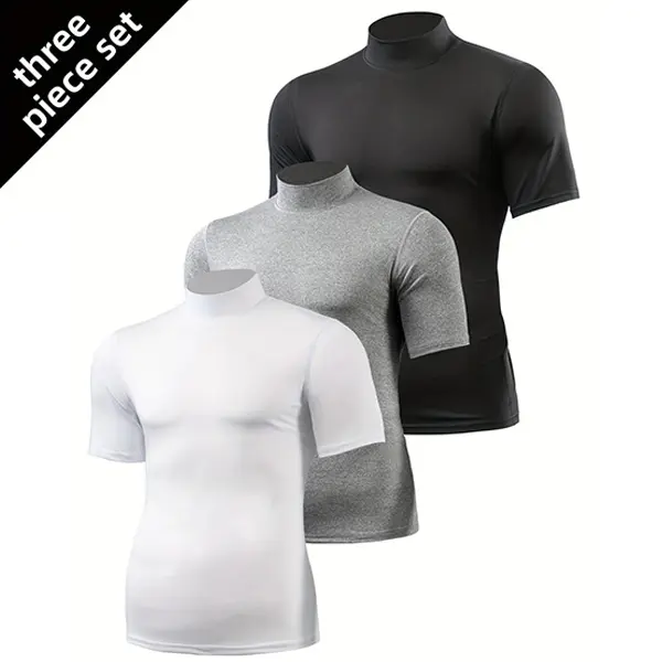 Men's 3-Pack High Neck Short Sleeve T Shirts, Moisture-Wicking Stretch Sporty Sports Tops, Breathable Quick-Dry Athletic Tees for Gym, Daily Casual Use