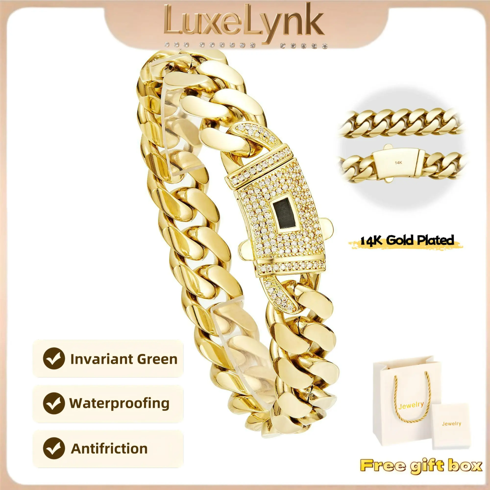 14K gold-plated Cuban bracelet. The new gold-plated craftsmanship and classic white stone inlay design are dazzling. Miami Cuban bracelet combines tradition and fashion. The best gift for him/her. 6mm~14mm 7.5/8.5 inches are available.