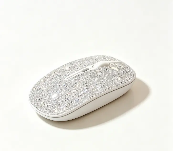 Cute Transparent Office Mouse- Crystal stickers  , Elegant White Wireless Mouse with Sparkling Rhinestones for Stylish Computing