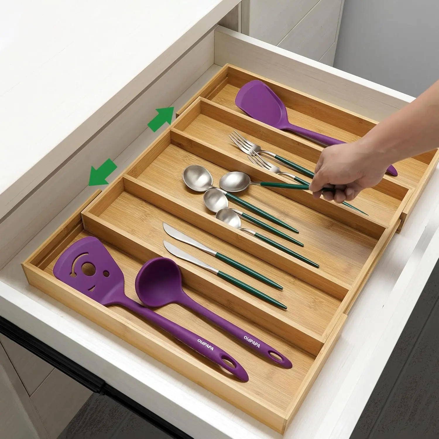 Bamboo Expandable Kitchen Drawer Organizer, Adjustable Utensil Holder and Cutlery Tray Organiser, Drawer Divider for Silverware, Flatware, Knives in Kitchen, Bedroom, Living Room, 5 Slot