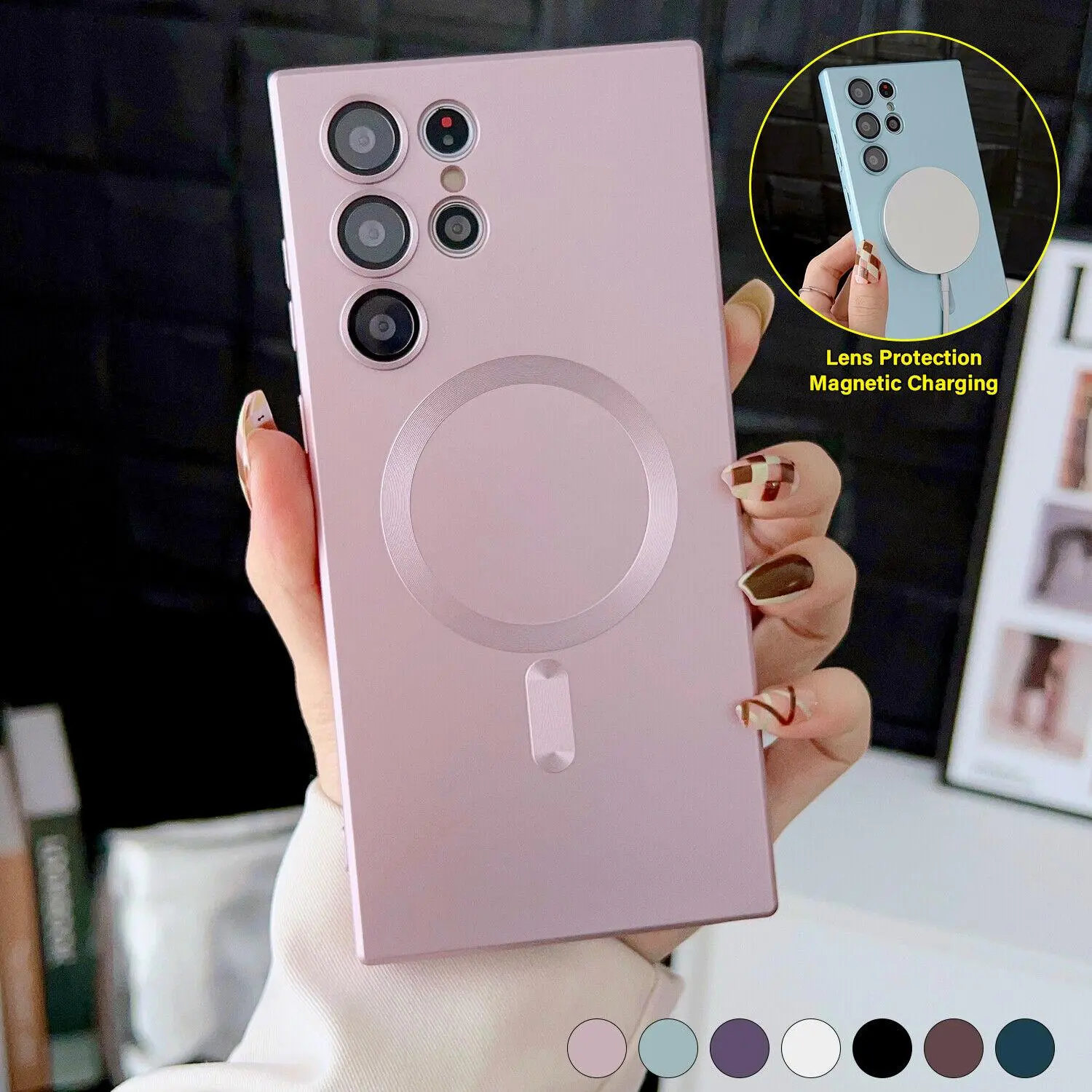 For Samsung Galaxy S24 Ultra S23 Plus S22 S21 S20 Magnetic Mag Safe Cover Matte Luxury Soft Metallic Luster Design with Camera Lens Protector, Shockproof Anti-Scratch Phone Case