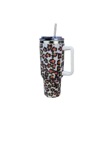 1 PACK, 40oz Tumbler, Leopard Pattern Rhinestones Tumbler, Stainless Steel, Vacuum Insulation, Thermal Insulation