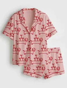 Women’s Dachshund Pajama Set, Martini & Weenies Print, Short Sleeve Satin Sleepwear, Dog Pajama, PJs Family, Pajama Gifts for Her