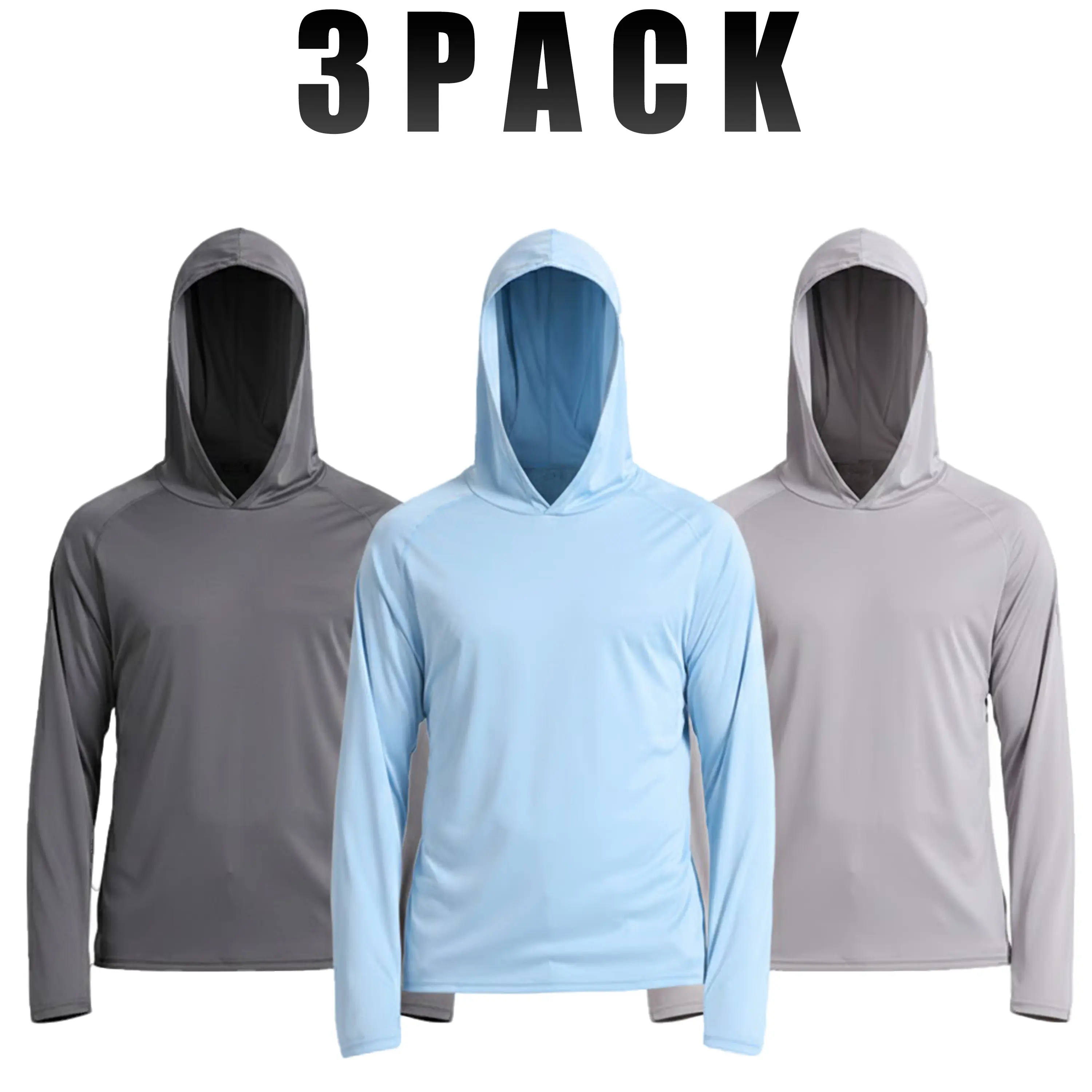 Men's 3-Pack UPF 50+ Sun Hoodie Rashguard, Quick-Dry Long-Sleeve Polyester Athleisure Shirt with Thumb Holes, Fitted Cut, Breathe Easy for Fishing & Hiking, All-Seasons Outdoor Athletic Clothing