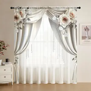 Spring Summer Garden Wind Digital Print Sheer Window Curtain, Luxury Fringe Rose Pattern, Selected Diamond Fabric, Transparent Privacy Protection, High Definition Printing