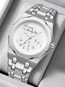 Men's Steel Band Watch, Round Dial Design, Graffiti Number Pattern, Vintage Fashion, Analog Quartz Movement, Buckle Closure, Ideal Gift