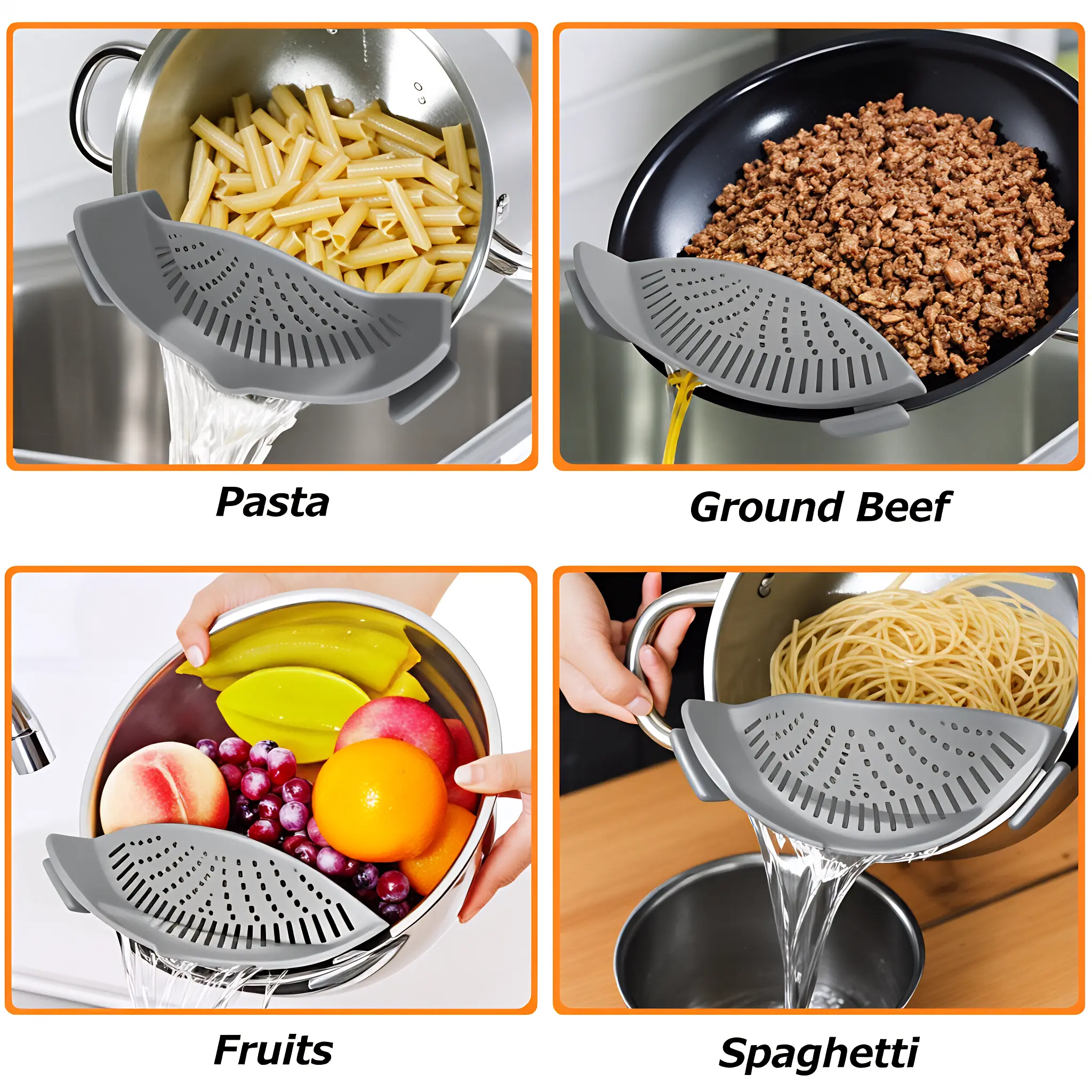Flexible Silicone Clip-On Pasta Sieve - Heat-Resistant, Durable, Compact Colander Kitchenware, Sturdy Utensil for Pots, Pans, Noodles, Dishwasher-Safe, Space-Saving Gray Kitchen Cooking Gadget, Food Colander Kitchenware