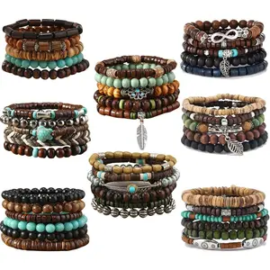 43Pcs Vintage Punk Wooden Beads Bracelet Set - Gothic Look, Adjustable Length, Shareable Size, Metal Accents, Daily Wristbands for Men, Commemorative Fashion Costume Jewelry Gift