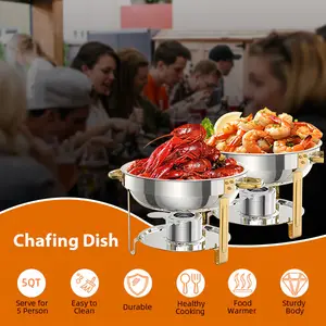 GARVEE Elegant Buffet Chafing Dishes Set 5QT Round Stainless Steel with Lid Holder Spoons & Tweezers for Events Parties Weddings Banquets Tableware Kit