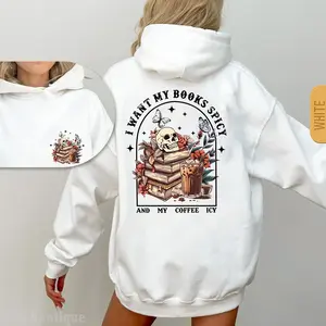 Skeleton Bookish Library Sweatshirt, 2 Side Halloween I Like My Books Spicy And My Coffee Icy Hoodie, Fall Tee, Spicy Book Lover Design Tee, Halloween Casual Sweatshirt Hooded Outfiter Gift For Best Friend HusBand Wife