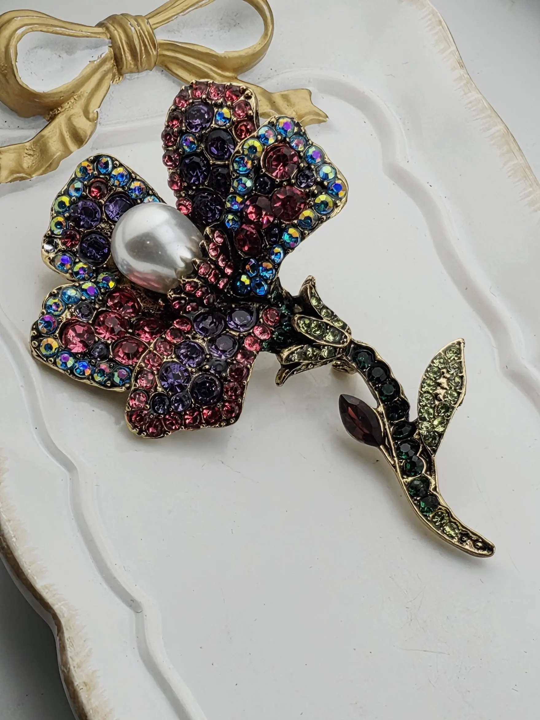 Vintage Luxury Floral Brooch - Pink & Purple Rhinestone Golden Statement Pin