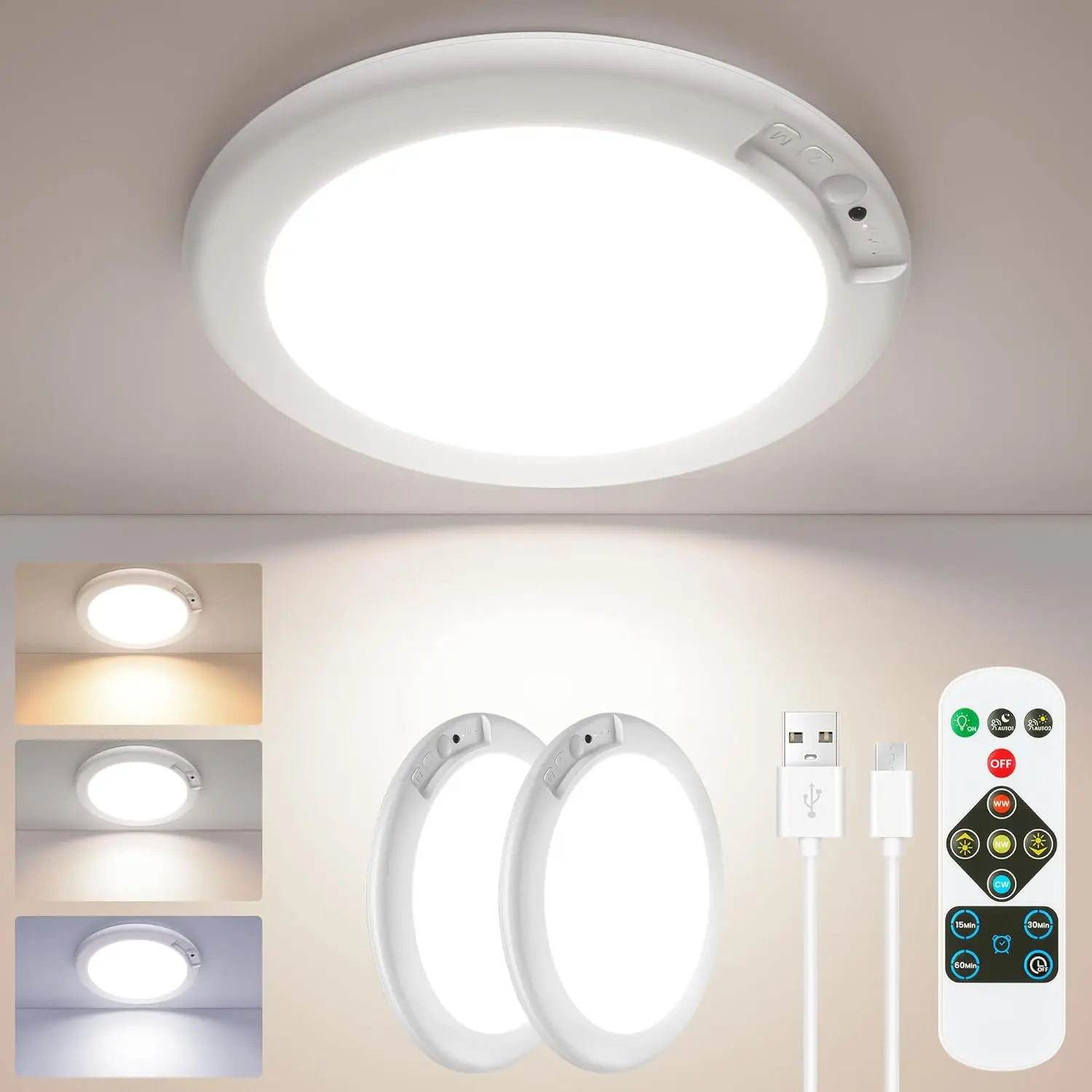 1/4 Pack Wireless Motion Sensor Ceiling Light, USB-C Rechargeable 5000mAh LED Magnetic Lamp with Remote Control, 3000K-6500K Dimmable IP54 Waterproof Fixture for Bathroom, Closet, Stairway