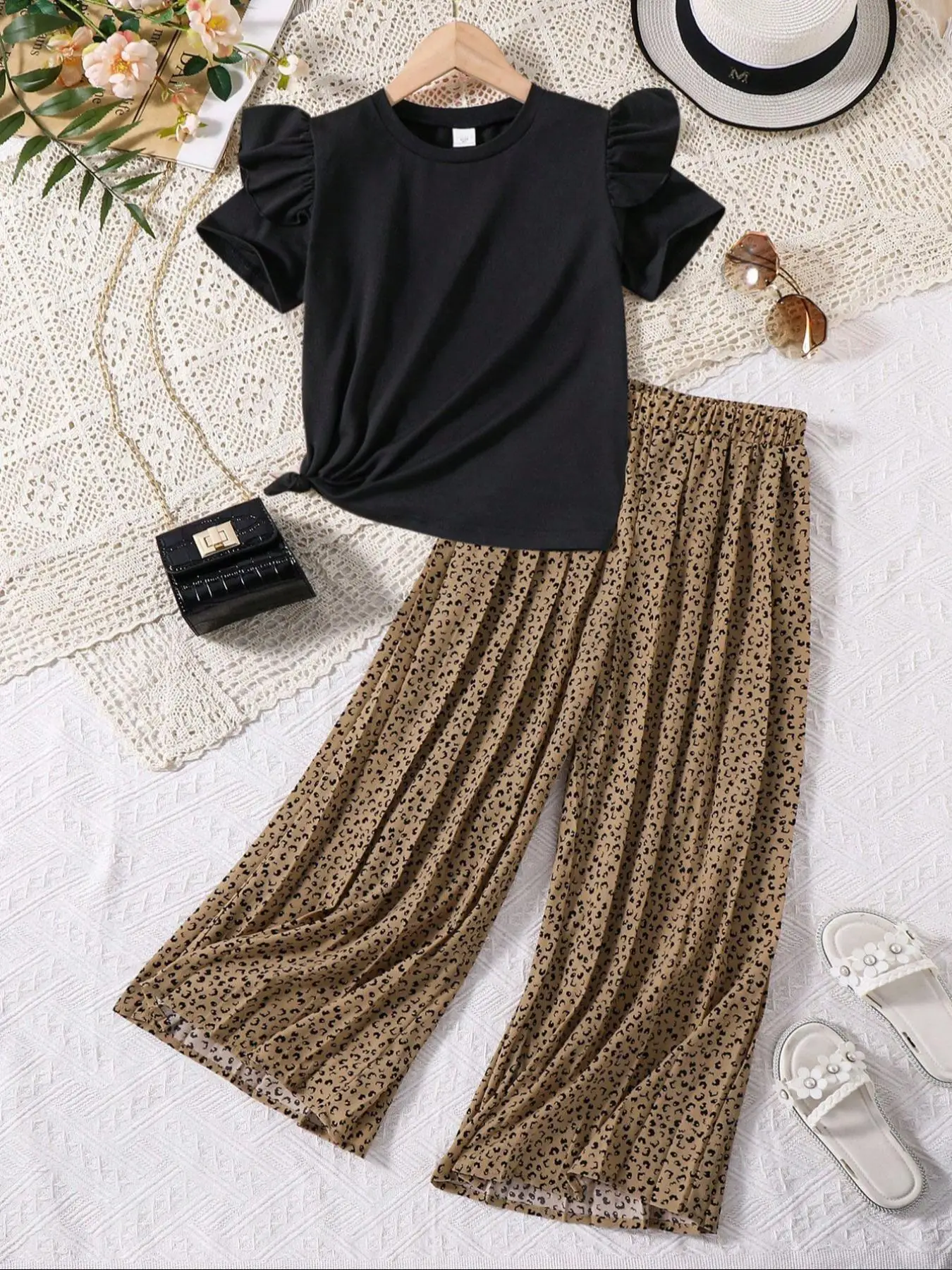 Two-Piece Set Girl's Solid Round Neck Tee & Leopard Print Elastic Waist Pants Set, Casual Ruffle Trim Short Sleeve T-Shirt & Wide Leg Trousers For Dai