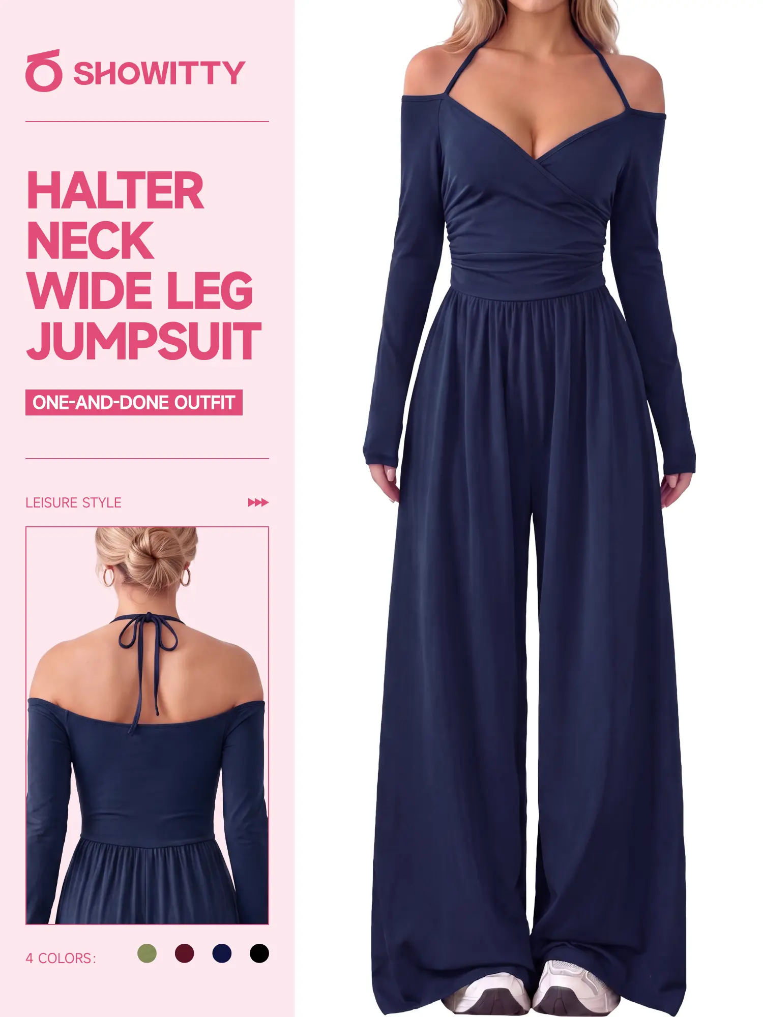 【One & Done】SHOWITTY Womens Long Sleeve Wide Leg Jumpsuit Off Shoulder One Piece Outfit Stretchy Casual Romper