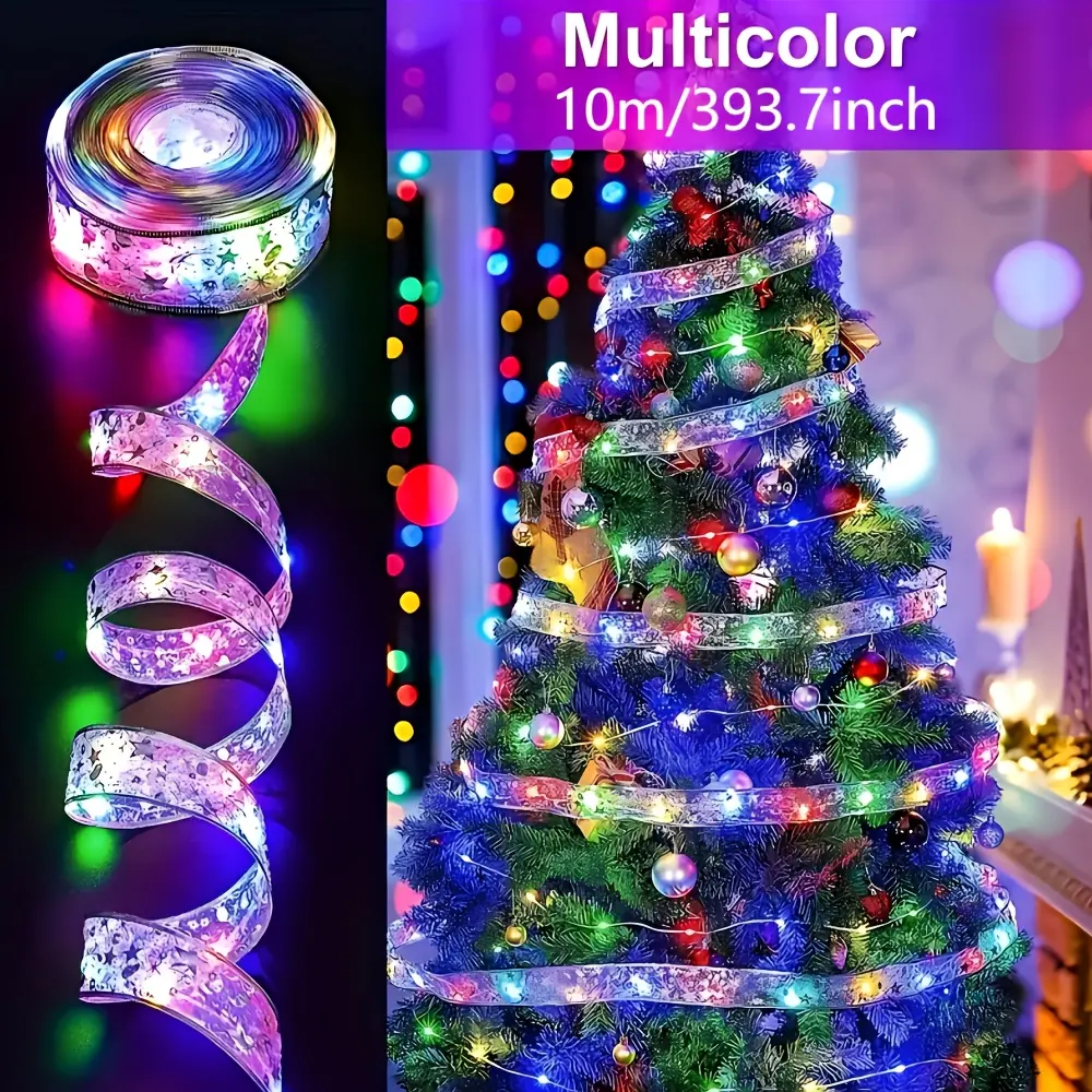 100 LED Christmas ribbon copper wire string lights, 32.80 ft wide ribbon, battery powered (batteries not included), scene decoration, holiday decor, room decor, home decor, office decor, event party decorations