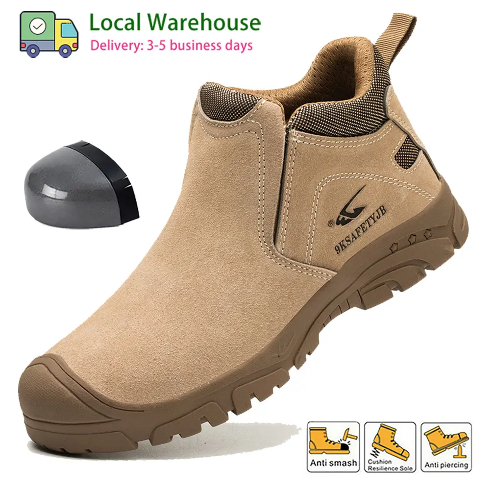 Men's Steel Toe Safety Shoes - Classic Slip-On Suede & Mesh Work Boots, Lightweight, Breathable, Anti-Slip, Comfortable Workwear for Construction, Industry, Mesh Ventilation, Mesh Upper Keeps Feet Cool