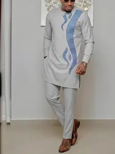 Muslim Men's 2-Piece Set African Boubou Long Sleeve Embroidered Ethnic Suit, Elegant Modesty Formal Wear for Festivals Weddings Parties Gifts