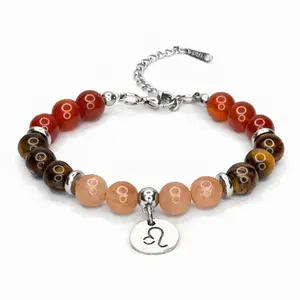 FIMENESS - LEO ENERGY BRACELET CARNELIAN, TIGER'S EYE AND SUNSTONE NATURAL STONE BEAD COMBINATION HAND MADE STAINLESS STEEL NON-TARNISH CRYSTAL JEWELRY