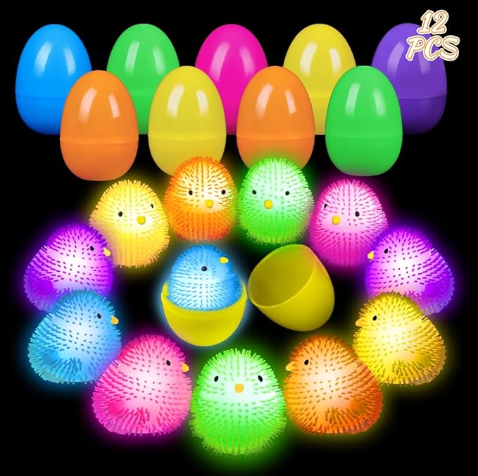Prefilled Easter Eggs with Toys – 12PCS Glow in The Dark Stress Ball Squishy Toys, Easter Egg Fillers for Kids, Easter Basket Stuffers, Easter Egg Hunt Party Favors
