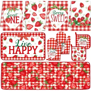 Fourluoo 10 Pcs Strawberry Kitchen Dish Towels Rugs Oven Mitts and Pot Holders Set Farmhouse Kitchen Decor Set for Women Mom Daughter Gift Cooking Baking Grilling (Red and White)