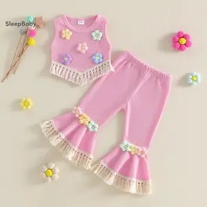 2Pcs Toddler Girls Outfits Sleeveless Crew Neck 3D Crochet Flower Decor Waffle Knit Vest Tops and Elastic Waist Pants