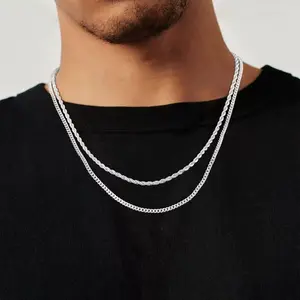 Trendy 2Pcs 3mm Chain Necklace for Men -Layered Sterling Silver Cuban Link Rope NecklacesSet Simple Jewelry Gift 18-28 Inches Present Jewelry