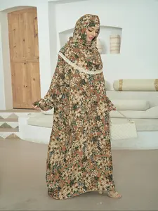 Women's Floral Print Hooded Dress, Modest Fashion Long Sleeve Dress for Daily Wear, Women's Islamic Clothing for All Seasons