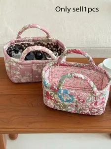 Dusty Blue Floral Quilted Basket Bag, Vintage Morris Print Padded Handbag, Aesthetic Quilted Storage Bag with Ruffle Pocket, Cute Tote Bag for Women, Top Handle Handbags, Travel & Home Use