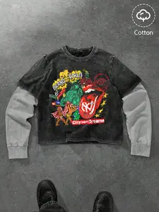 Men's Casual Two-Piece Long Sleeve Fitted T-Shirt, Multicolor Print (liberty Statue, Rock Elements), Cotton Fabric, Summer Comfort, Must-Have