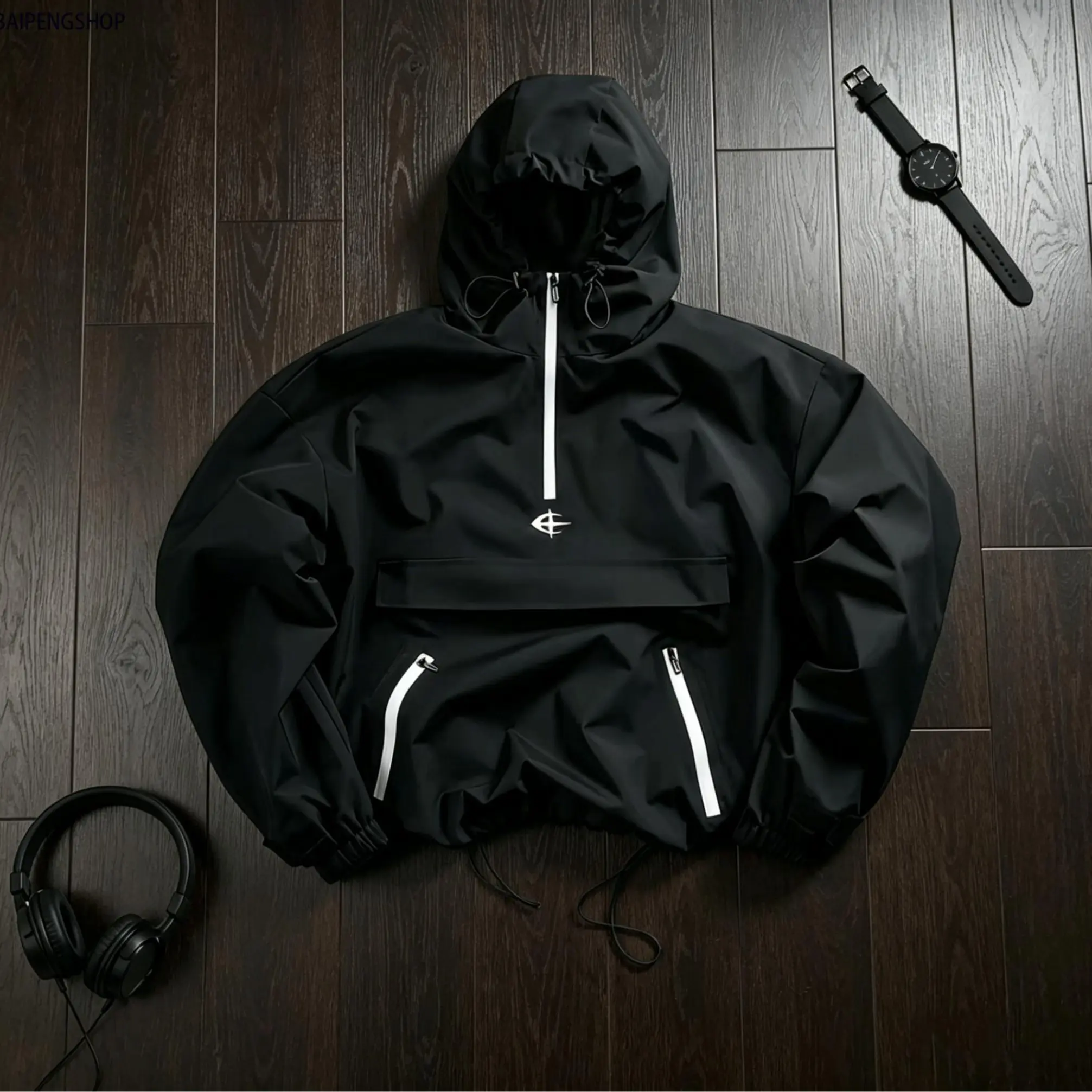 Men's Polyester Half-Zip Hooded Windbreaker Jacket - Lightweight, Wind-Resistant, Breathable, Durable, Casual Athletic Coat with Multiple Pockets - Male Outdoor Outerwear for Hiking, Daily Wear (All Seasons)