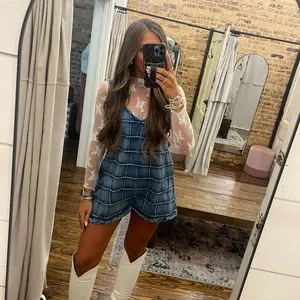 Textured Grid Denim Romper - Overalls Style Romper - Denim Western Wear - Fall Denim Wear