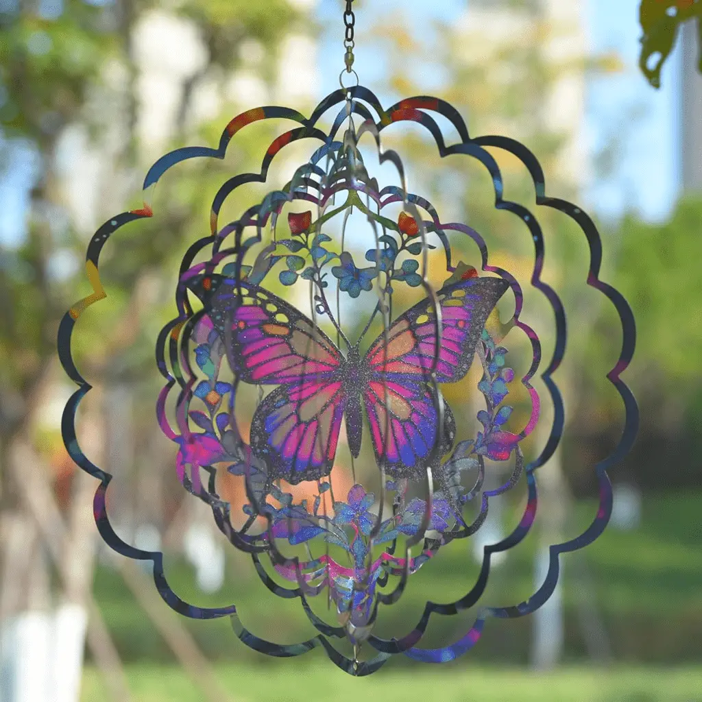 12" Butterfly Wind Spinner Outdoor, 3D Metal Wind Spinner Hanging Decor for Garden, Patio, Yard, Colorful Reflective Wind Sculpture, Gift for Women Mom