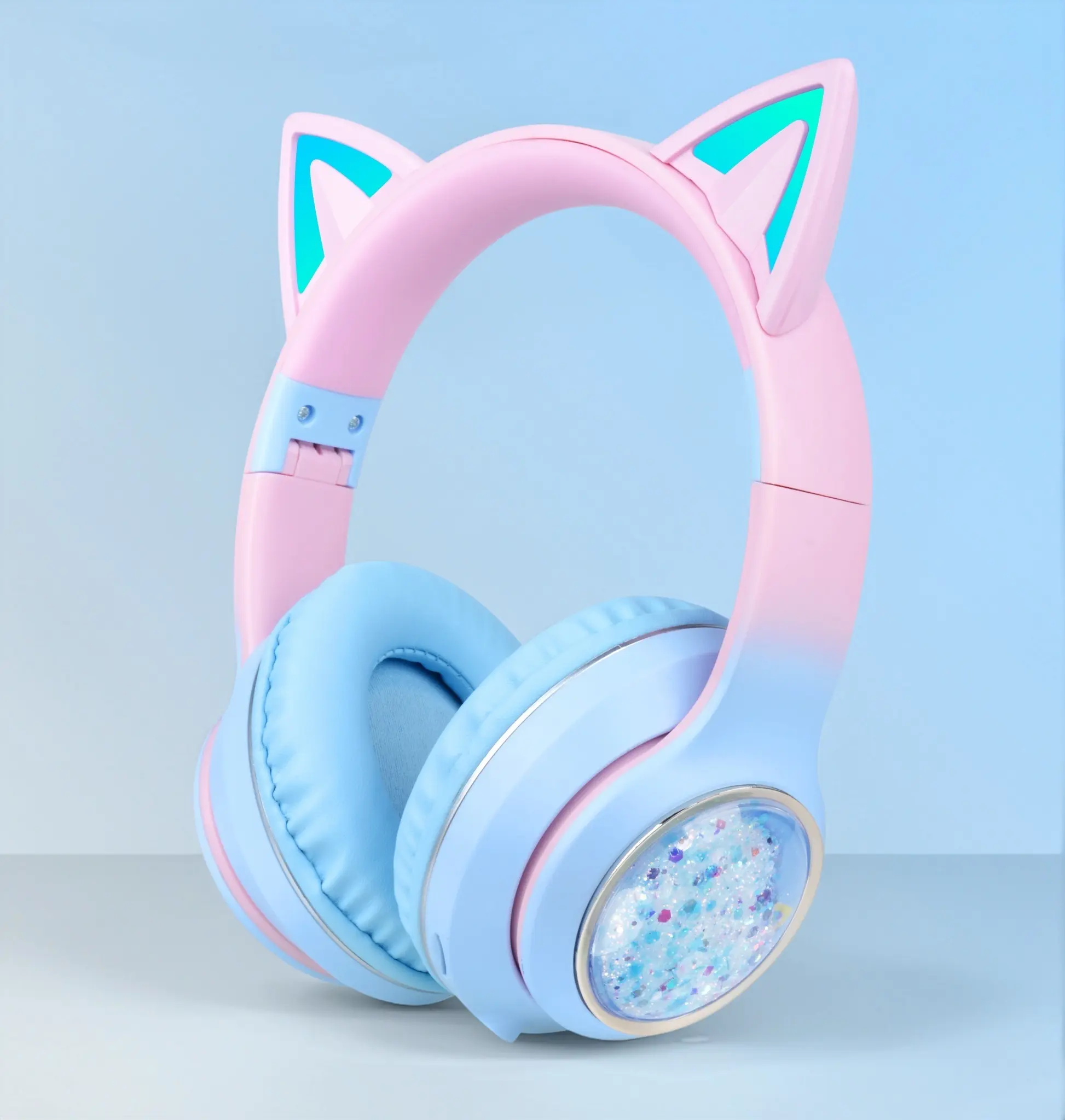 Cat Ear Earcups With Flowing Glitter, Stylish Headphones for Teens & Kids - Bluetooth 5.3, 40H Playtime, Hi-Fi Sound & Foldable Design with LED Lights, Adorable Cute Headphones Perfect For Gaming, Music, School & as a Gift for Girls and Boys, Pink Blue
